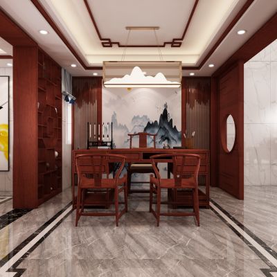 新中式别墅客餐厅，别墅客餐厅，挑空客餐厅，