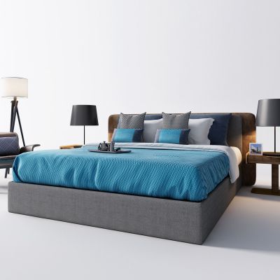 现代卧室床品休闲椅台灯