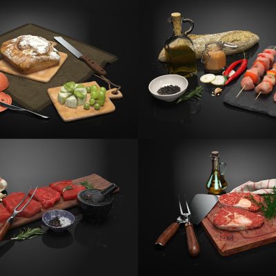 现代食物，餐桌食物，厨房摆件，食品，鲜肉，面包，烤串
