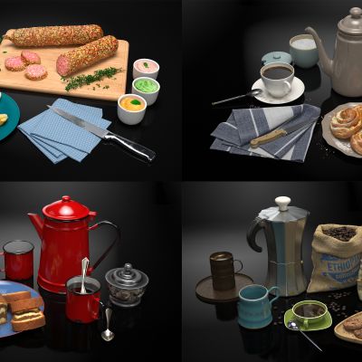 现代食物，餐桌食物，厨房摆件，食品，咖啡，面包，甜点