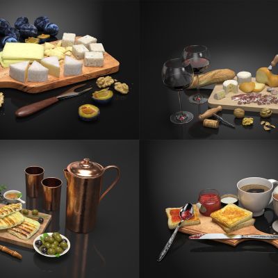 现代食物，餐桌食物，厨房摆件，食品，咖啡，面包，甜点