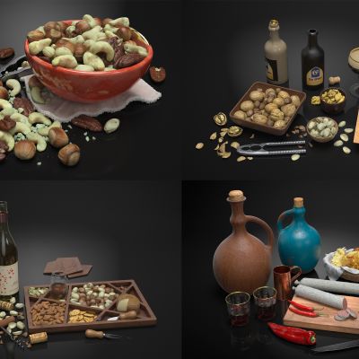 现代食物，食品饮料，餐桌食物，厨房摆件，面包，干果，香肠，啤酒