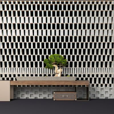 新中式大堂背景墙装饰台盆景