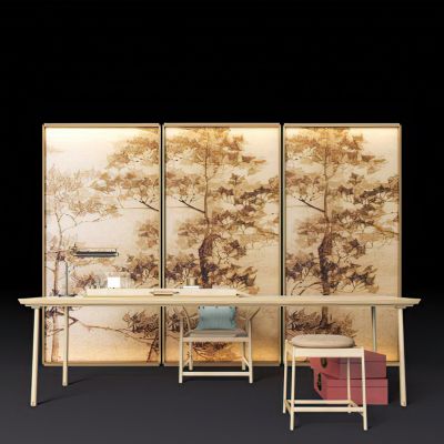 新中式屏风书桌休闲椅