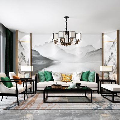 新中式客厅，沙发，沙发茶几组合，