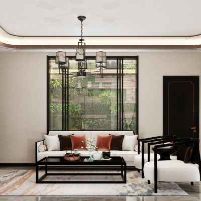 新中式客餐厅带厨房庭院