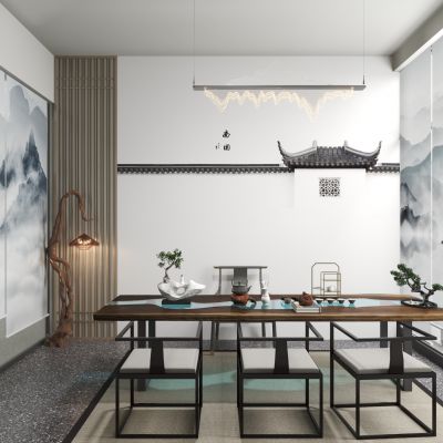  新中式茶室 山水卷帘 枯枝灯 包间 茶具 盆景 吊灯 壁画