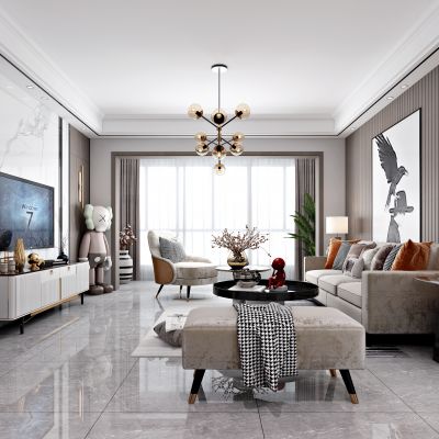 现代客厅餐厅 沙发茶几 吊灯 餐桌椅 电
