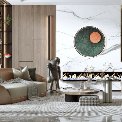 现代客厅，沙发茶几组合，沙发背景墙，陈设摆件，单椅