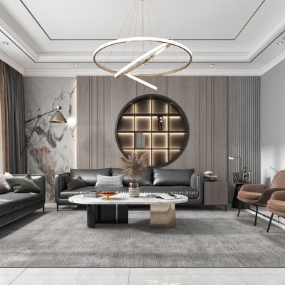 现代客厅餐厅，沙发，餐桌，电视柜，吊灯，装饰画