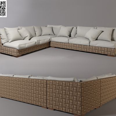 现代藤编布艺转角多人沙发