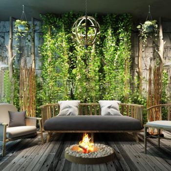 北欧客厅植物背景墙沙发木炭火炉组合