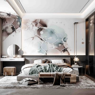 现代卧室，床品，床尾凳，吊灯