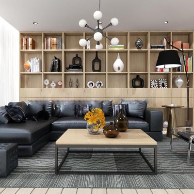 现代皮革沙发书柜组合