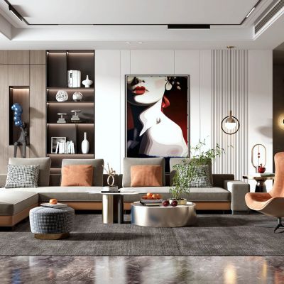 现代客厅.沙发.茶几.摆件.灯具.绿植.墙饰