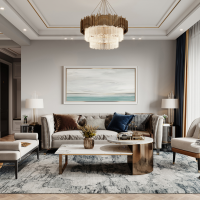 简欧客餐厅水晶吊灯轻奢家具电视柜餐桌椅