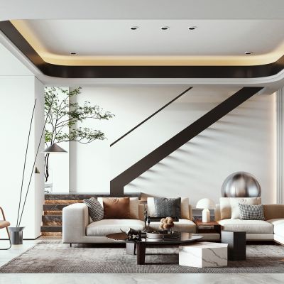 现代轻奢别墅客厅多人沙发休闲单椅楼梯