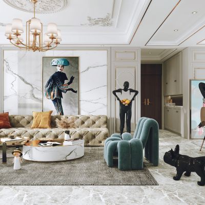 简欧客餐厅，沙发茶几组合，电视背景墙，沙发背景墙，陈设摆件，单椅