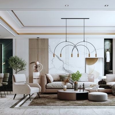 现代客厅，沙发茶几组合，餐桌椅，电视背景墙，沙发背景墙，陈设摆件