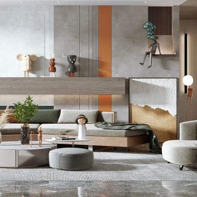 现代客厅，沙发茶几组合，餐桌椅，沙发背景墙，陈设摆件