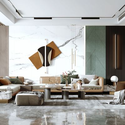 现代客厅，沙发茶几组合，沙发背景墙，陈设摆件