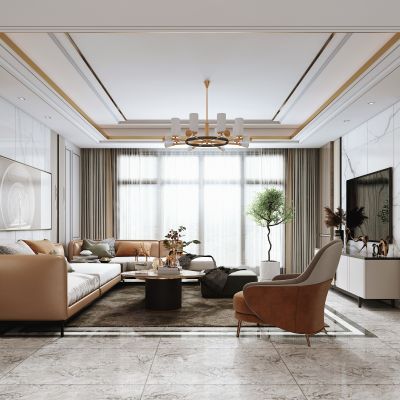 现代客厅，沙发茶几组合，餐桌椅，沙发背景墙，陈设摆件