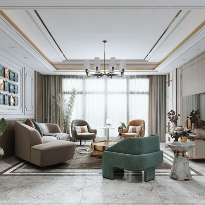 现代客厅，沙发茶几组合，电视背景墙，沙发背景墙，陈设摆件，单椅