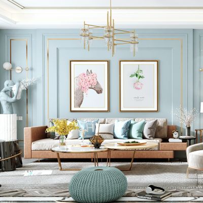 北欧客餐厅，沙发茶几组合，餐桌椅，背景墙，陈设摆件