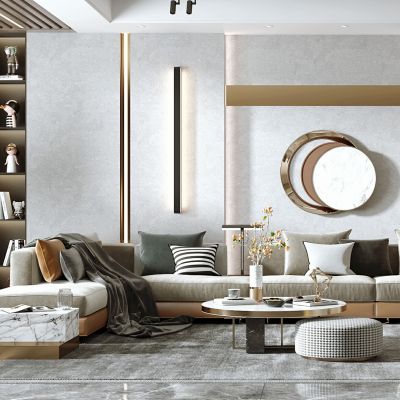 现代客厅，沙发茶几组合，沙发背景墙，陈设摆件，单椅