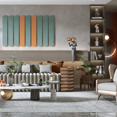 现代客厅，沙发茶几组合，沙发背景墙，陈设摆件，单椅