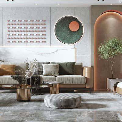 现代客厅，沙发茶几组合，餐桌椅，沙发背景墙，陈设摆件