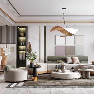 现代客厅，沙发茶几组合，陈设摆件，电视背景墙，沙发背景墙