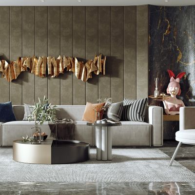 现代客厅，沙发茶几组合，沙发背景墙，陈设摆件，单椅