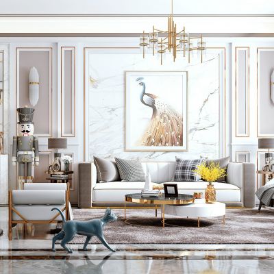 现代客餐厅，沙发茶几组合，沙发背景墙，餐桌椅，陈设摆件，单椅，灯具