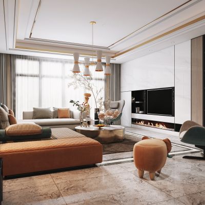 现代客厅，沙发茶几组合，餐桌椅，电视背景墙，沙发背景墙，餐桌椅，单椅