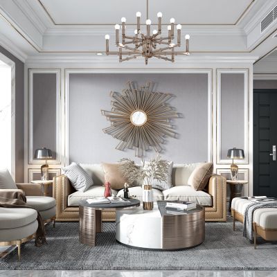 美式轻奢客餐厅 客厅、餐厅、厨房、沙发、茶几、插花、墙饰、挂画、装饰品、摆件