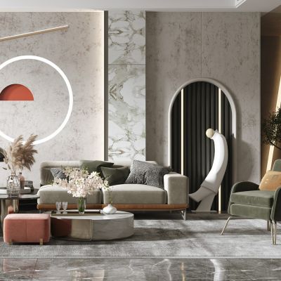 现代客厅，沙发茶几组合，陈设摆件，背景墙