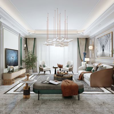 简欧客厅，沙发茶几组合，背景墙，陈设摆件