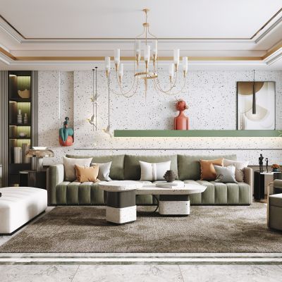 现代客厅，沙发茶几组合，电视背景墙，沙发背景墙，陈设摆件