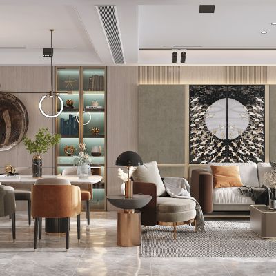 现代客餐厅，沙发茶几组合，餐桌椅，背景墙，陈设摆件，灯具