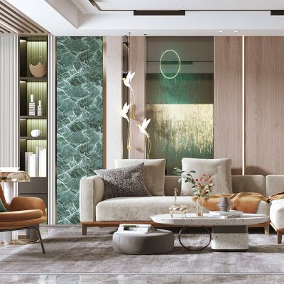 现代客厅，沙发茶几组合，餐桌椅，背景墙，陈设摆件，单椅，灯具