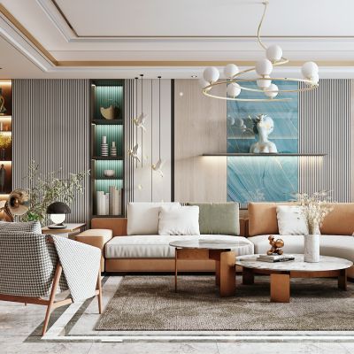 现代客餐厅，沙发茶几组合，餐桌椅，陈设摆件，背景墙，灯具，单椅