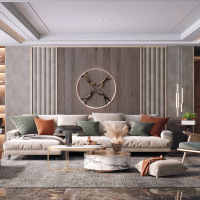 现代客厅，沙发茶几组合，陈设摆件，背景墙