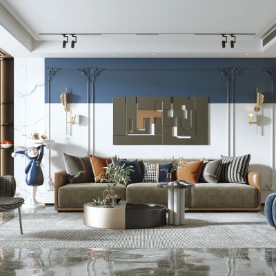 现代客厅，沙发茶几组合，沙发背景墙，陈设摆件，单椅