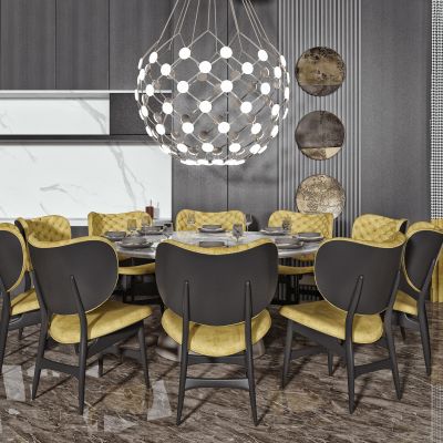 现代餐桌椅  圆形餐桌椅  吊灯  餐具