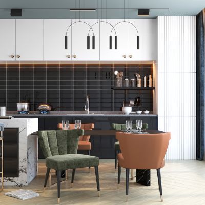 现代轻奢厨房吧台餐厅餐桌椅组合