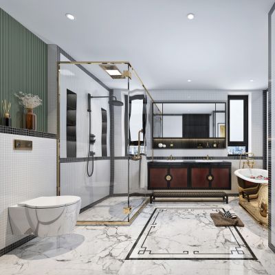 现代新中式简约卫生间马桶淋浴房浴室柜组合