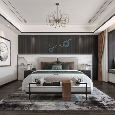 现代新中式主人房主卧室床品组合