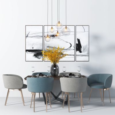 后现代餐桌餐椅吊灯桌花挂画组合