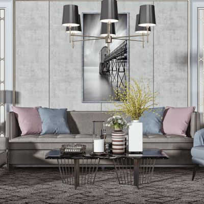 现代客厅  多人沙发  吊灯  挂画